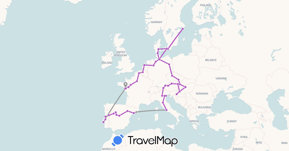 TravelMap itinerary: plane, train in Germany, Spain, France (Europe)
