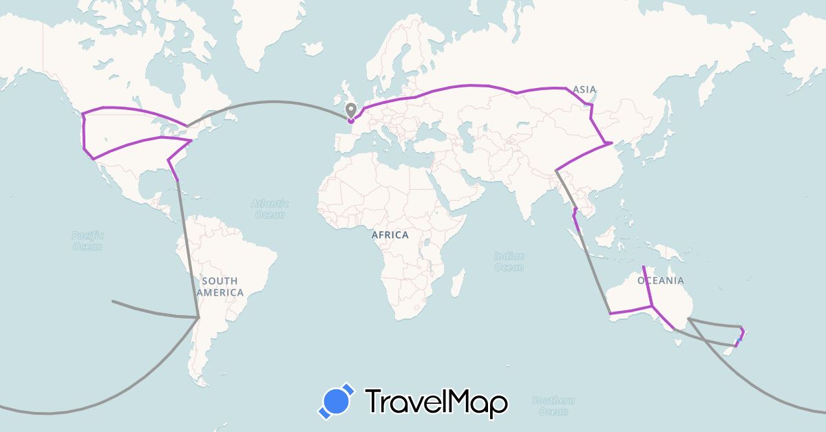 TravelMap itinerary: driving, plane, train, boat in Australia, Belgium, Belarus, Canada, Chile, China, Germany, France, Mongolia, Malaysia, New Zealand, Russia, Thailand, United States (Asia, Europe, North America, Oceania, South America)